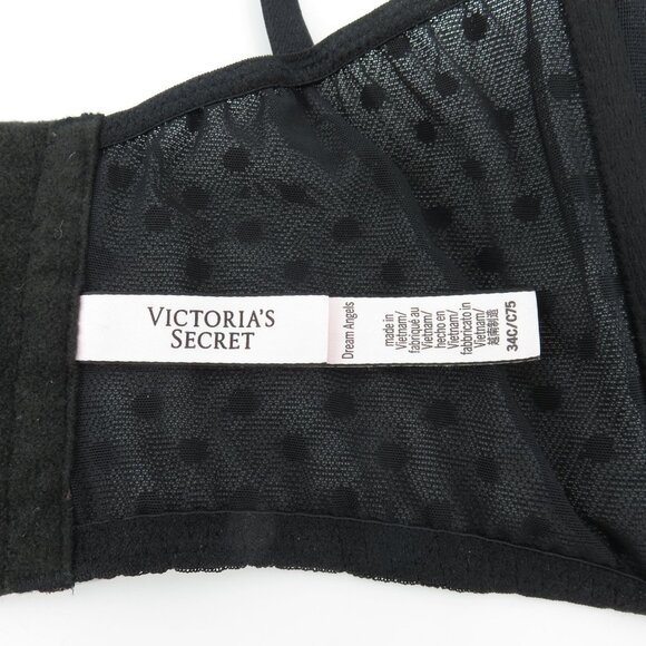 Victorias Secret 34C Bra Dream Angels Black Polka Dot Mesh Flower Lace Underwire - Picture 11 of 16